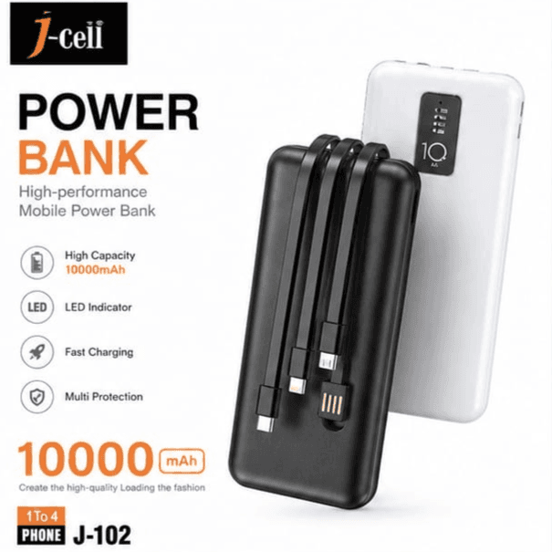 J-102 Power Bank 10000mAh 1 to 4 Fast Charging Portable Charger with Multiple Outputs