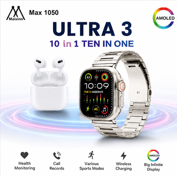 Max 1050 Ultra 3 Smart Watch 10 in 1 Combo with Earbuds, Bluetooth Calling, HD Display, Fitness Tracker & Multiple Straps