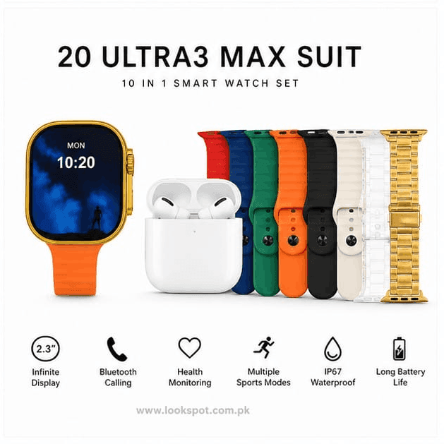 I20 Ultra 3 Max Smart Watch 10 in 1 Bundle – Bluetooth Calling Fitness Watch Multi Strap
