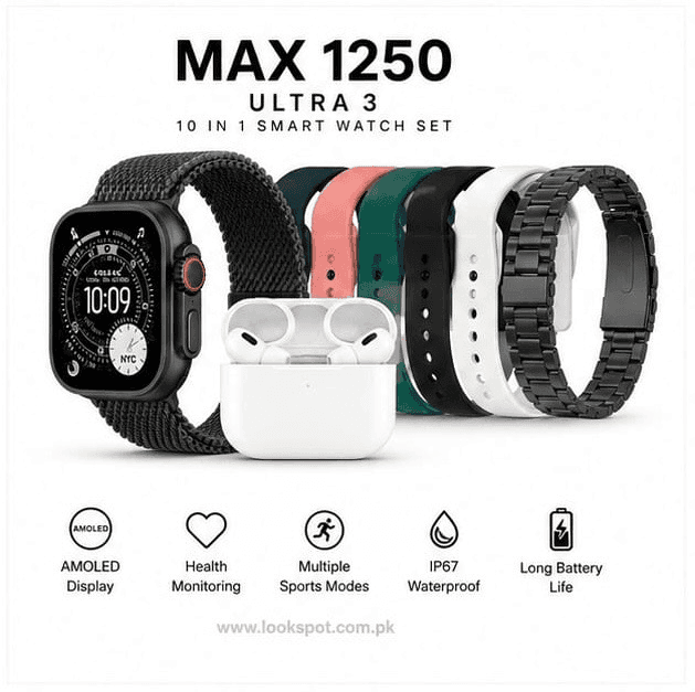MAX1250 Ultra 3 Smart Watch 10 in 1 Bundle Bluetooth Calling 49mm Multi Strap Fitness Watch