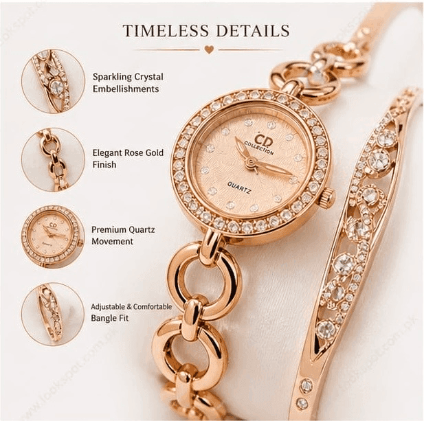 CD Collection Luxury Rose Gold Watch & 2-Bangle Gift Set for Women – Crystal Studded Bracelet Watch with Matching Bangles, Elegant Party Wear Set for Girls