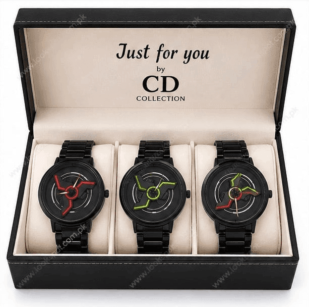 CD Collection Men's Rotating Wheel Rim Watch – 3D Spinning Alloy Wheel Dial, Black Stainless Steel Chain, Sports Car Inspired Automotive Wrist Watch for Men