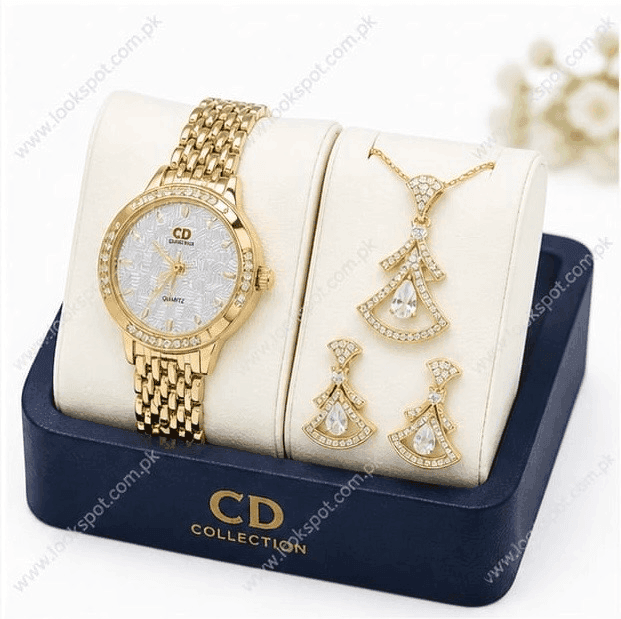 CD Collection Women’s Gold Quartz Watch & Jewellery Gift Set with Necklace, Earrings and Luxury Gift Box