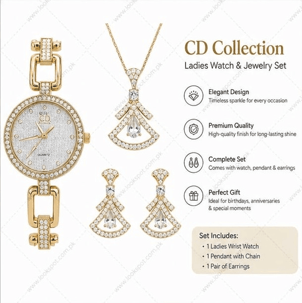 CD Collection Women Gold Quartz Watch Crystal Jewellery Set Pendant Necklace Drop Earrings Luxury Gift Box