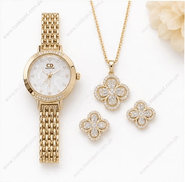 CD Collection Women Gold Quartz Watch Clover Flower Jewellery Set Round Dial Watch Crystal Necklace & Stud Earrings Set