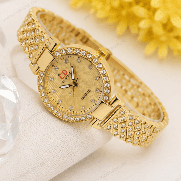 CD Collection Ladies Luxury Gold Watch Rhinestone Crystal Bezel Bracelet Strap Fancy Party Wear Women Watch