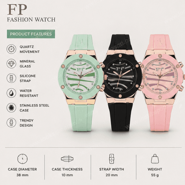 FP Fashion Women Quartz Watch Rose Gold Zebra Dial Silicone Strap Casual Ladies Watch