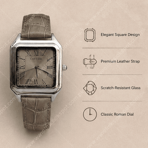 Santos Style Square Dial Watch Roman Numerals Blue Hands Croco Leather Strap Luxury Inspired Watch