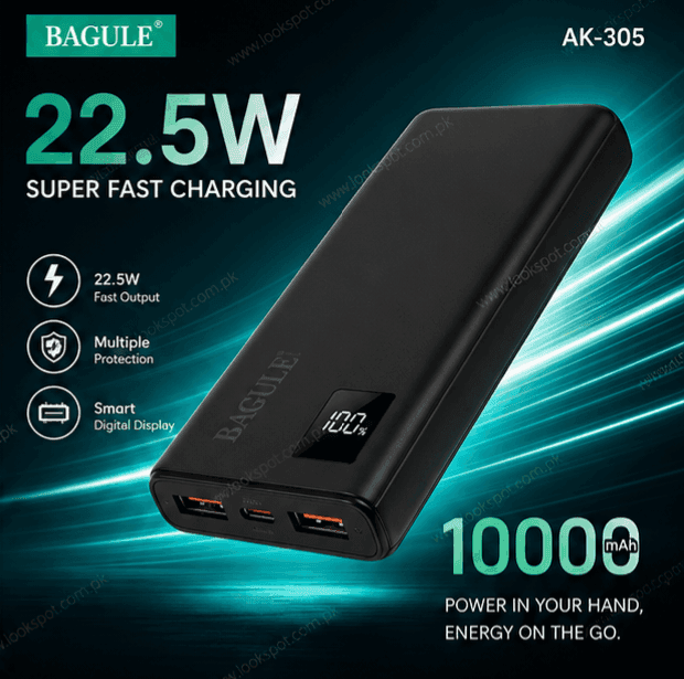 BAGULE AK-305 10000mAh Power Bank 22.5W Fast Charging Dual USB LED Display Portable Charger