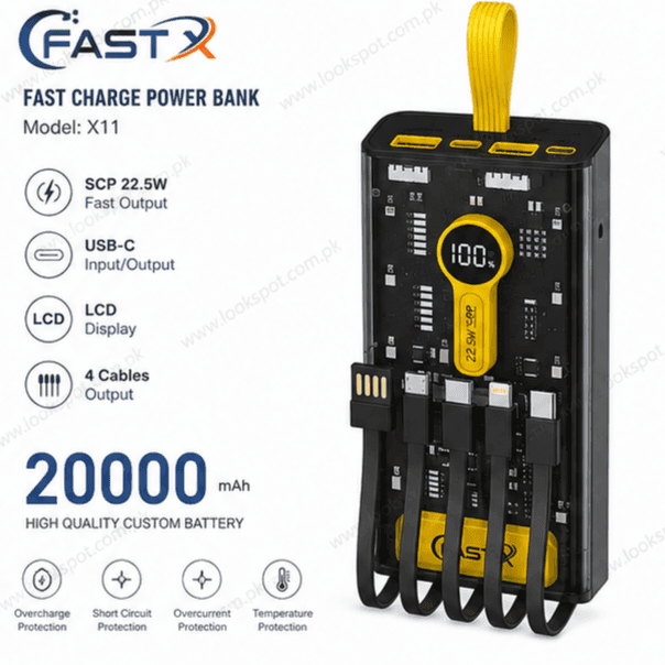 Fast X X11 20000mAh Power Bank 22.5W Fast Charging Built In Cable LED Display Portable Charger